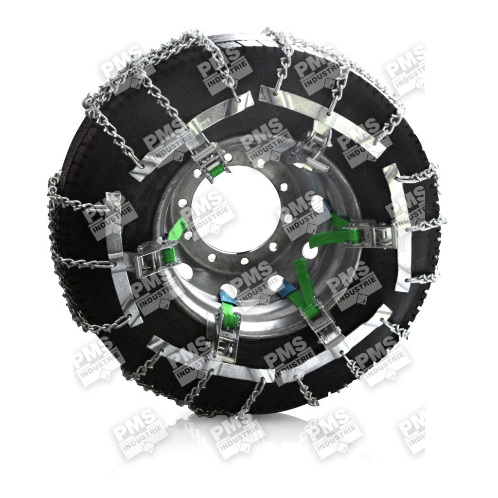 6 chaines camion loi montagneSnowcramp XXL montées sur un pneu